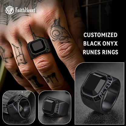 Customized Black Onyx Ring With Viking Runes for