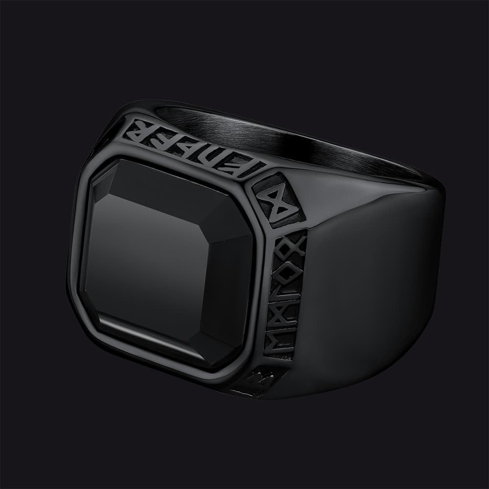 Customized Black Onyx Ring With Viking Runes for