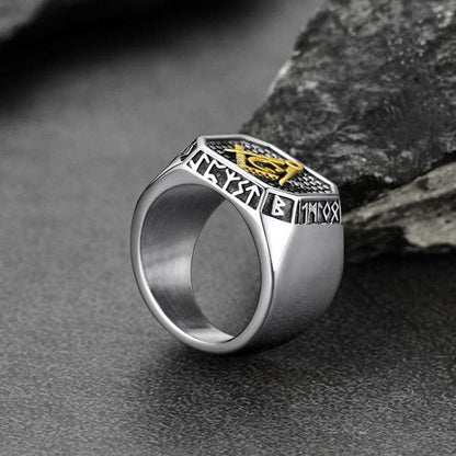 Square Masonic Signet Ring With Runes for