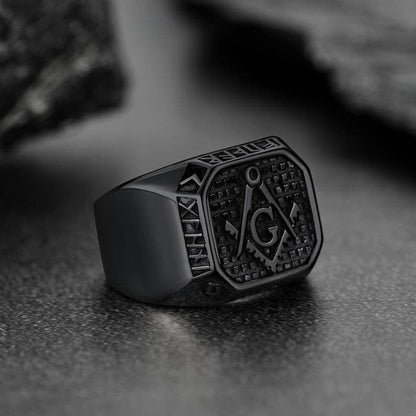 Square Masonic Signet Ring With Runes for