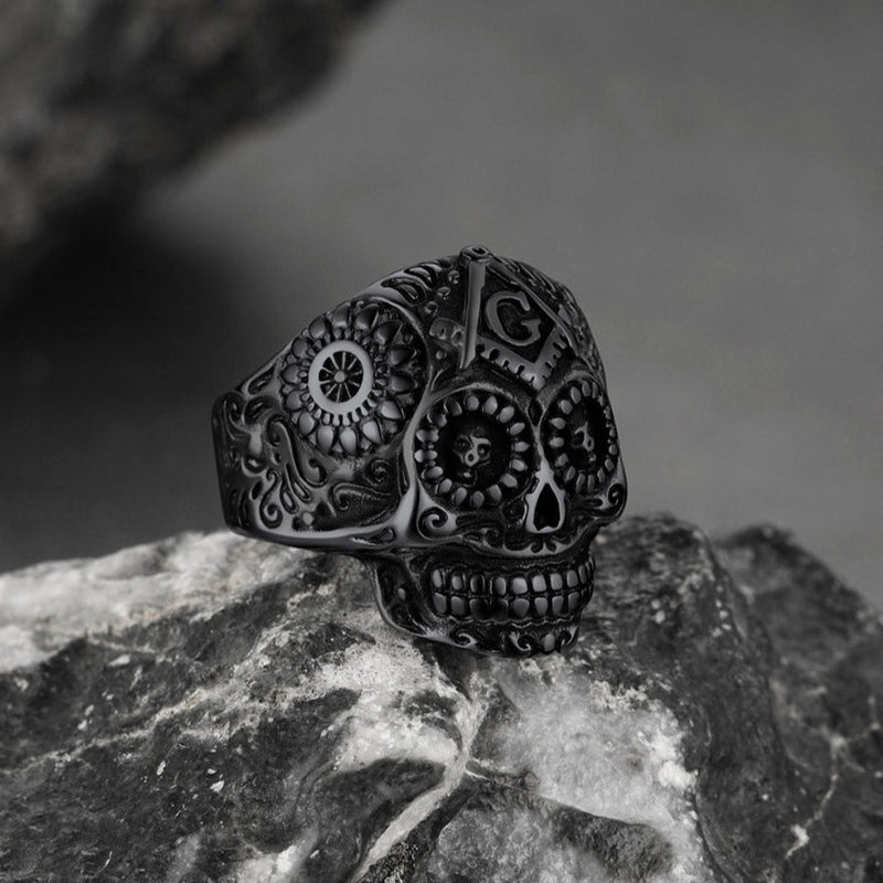 Punk Masonic Sugar Skull Ring for