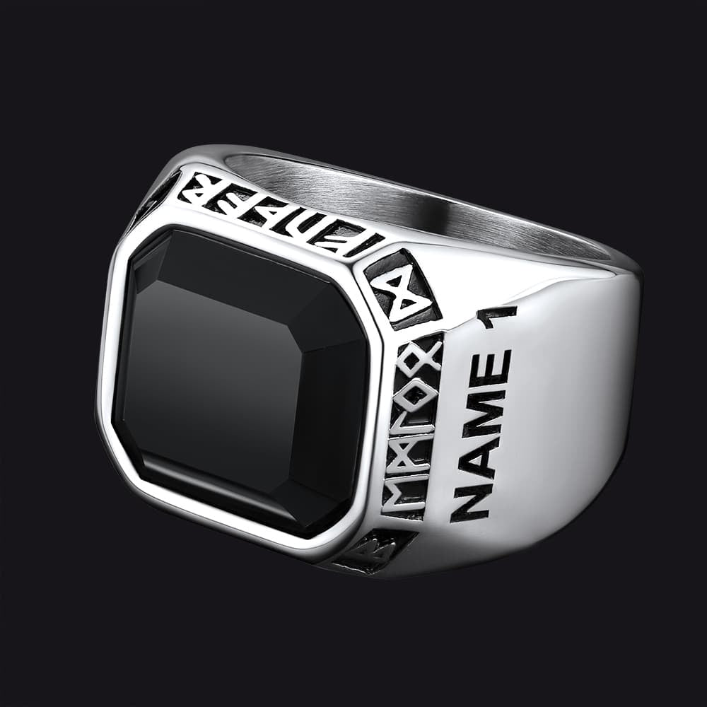 Customized Black Onyx Ring With Viking Runes for