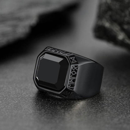 Customized Black Onyx Ring With Viking Runes for