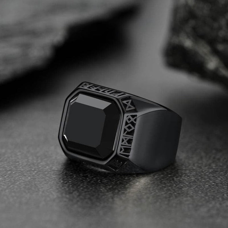 Customized Black Onyx Ring With Viking Runes for