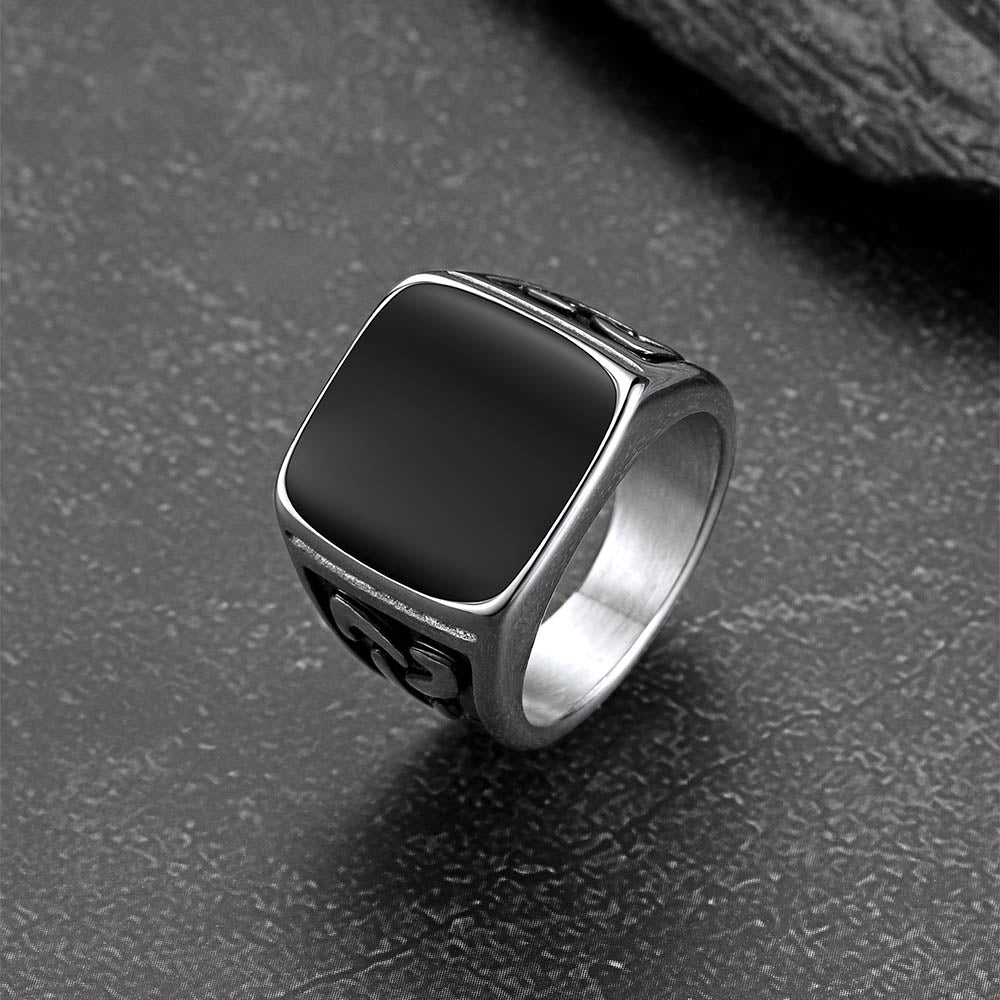 Viking Black Onyx Celtic Knot Signet Square Ring for