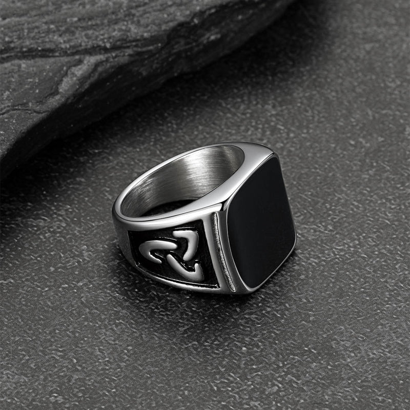 Viking Black Onyx Celtic Knot Signet Square Ring for