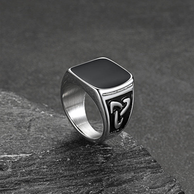 Viking Black Onyx Celtic Knot Signet Square Ring for