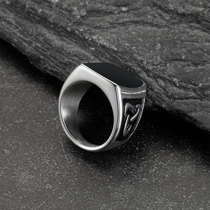 Viking Black Onyx Celtic Knot Signet Square Ring for