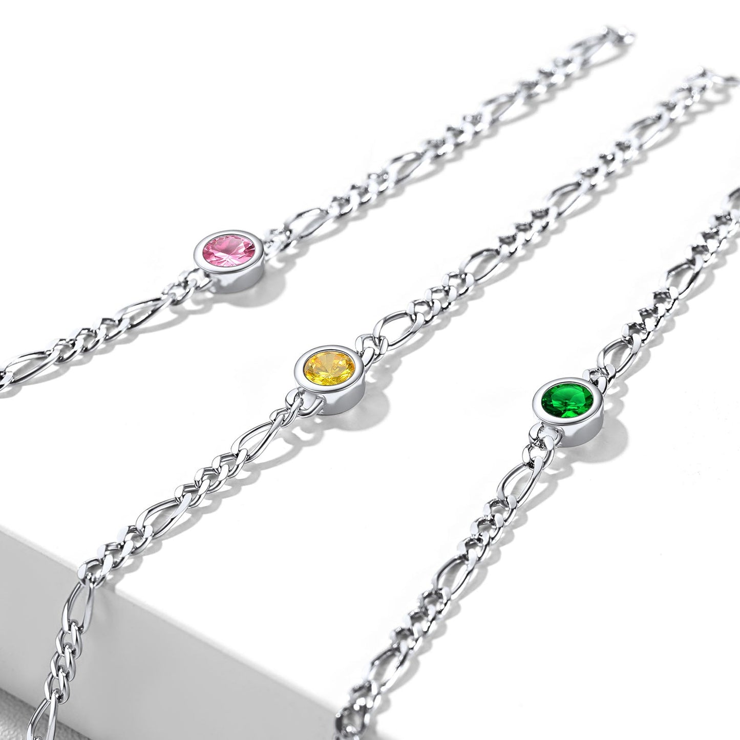 Sterling Silver 3mm Thin Chain Birthstone Bracelets for