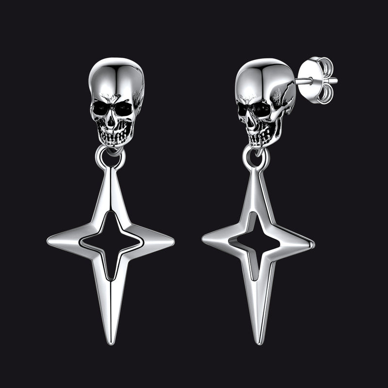 Flash Skull Dangle Stud Earrings With Cross Star for