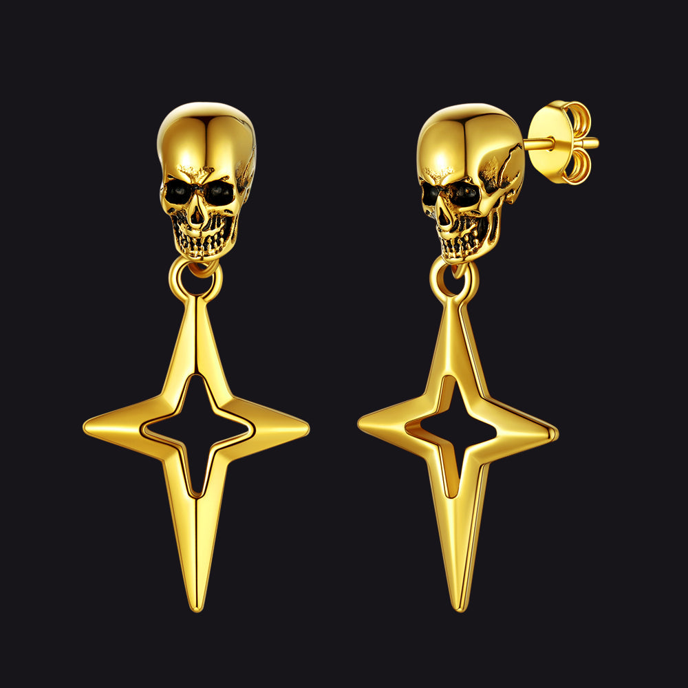 Flash Skull Dangle Stud Earrings With Cross Star for