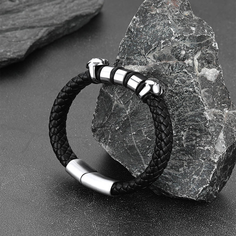 Personalized Name Beads Leather Bracelet With Skull for