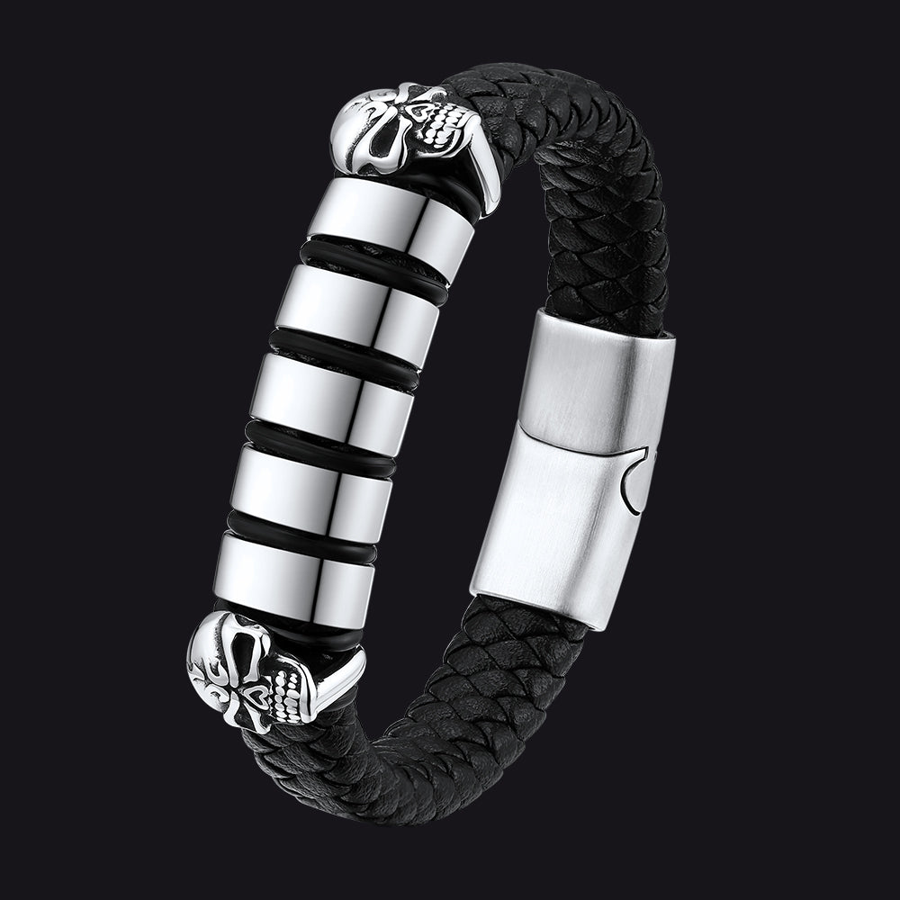 Personalized Name Beads Leather Bracelet With Skull for