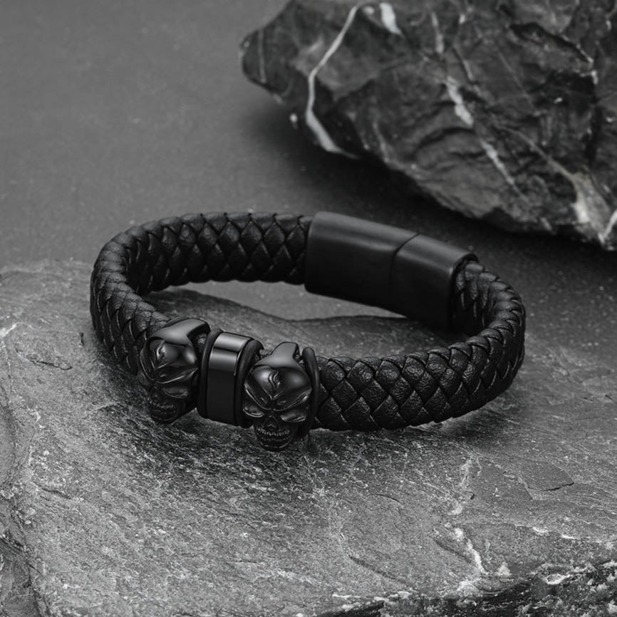 Personalized Name Beads Leather Bracelet With Skull for