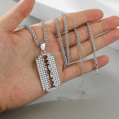 Engraved Razor Blade Pendant Necklace With Diamond for