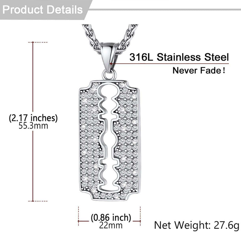 Engraved Razor Blade Pendant Necklace With Diamond for