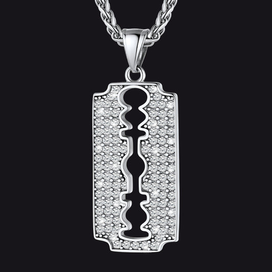 Engraved Razor Blade Pendant Necklace With Diamond for