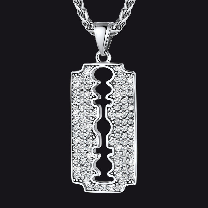 Engraved Razor Blade Pendant Necklace With Diamond for