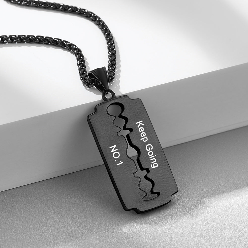 Engraved Razor Blade Pendant Necklace With Diamond for