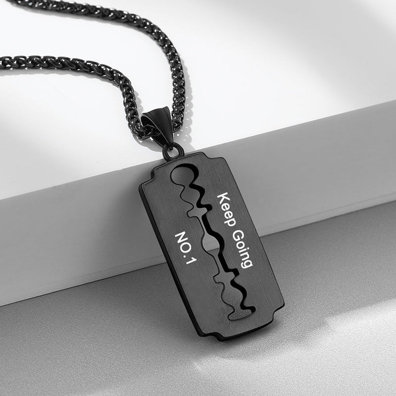 Engraved Razor Blade Pendant Necklace With Diamond for