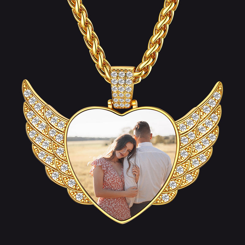 Personalized Picture Angel Wings Heart Necklace for With Cz, Memorial Jewelry