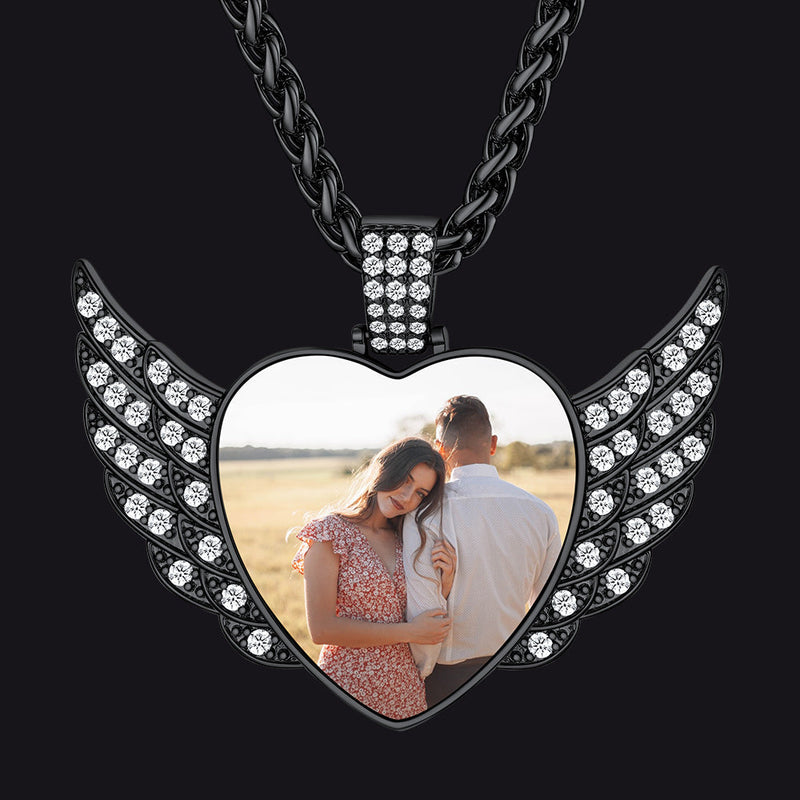 Personalized Picture Angel Wings Heart Necklace for With Cz, Memorial Jewelry