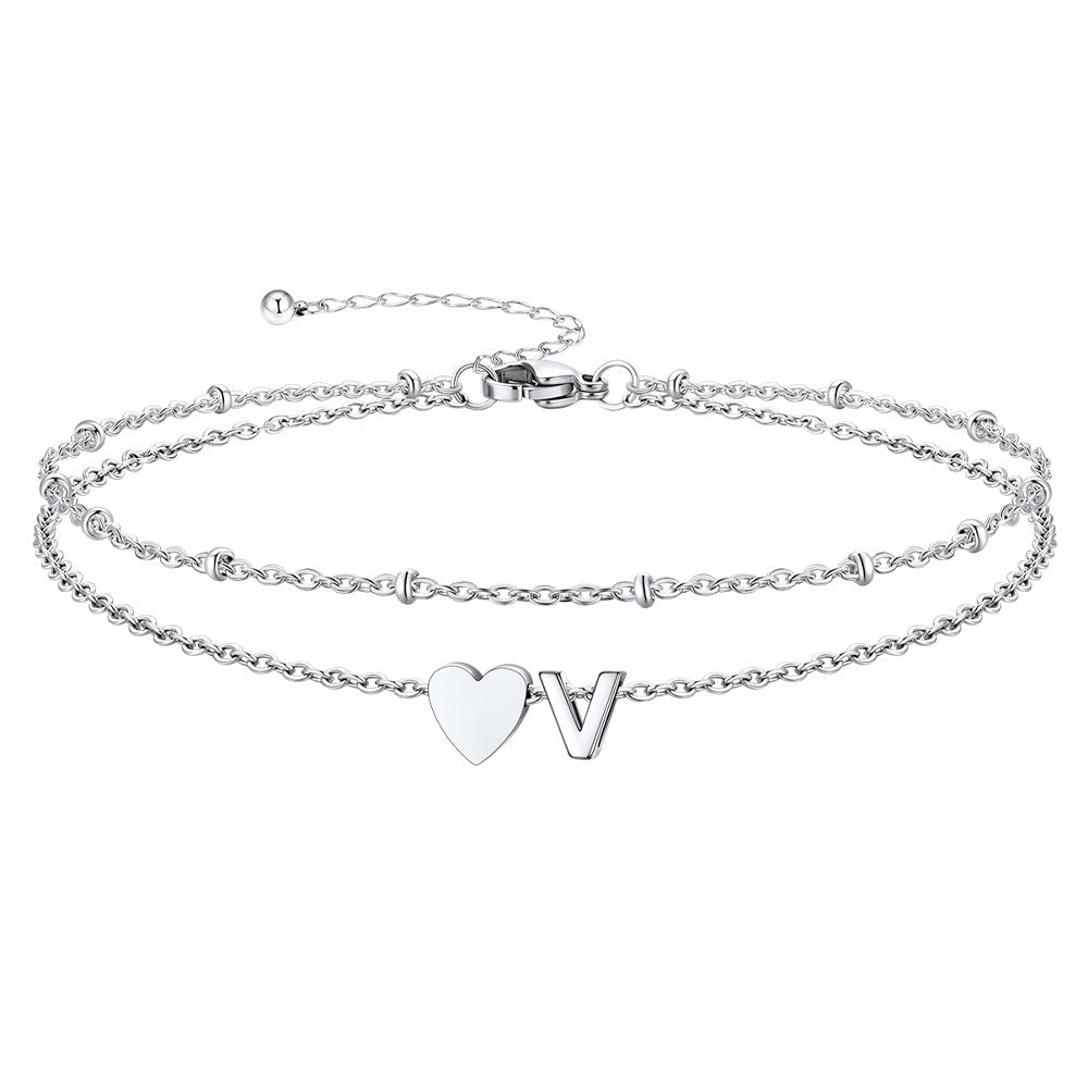 Initial Heart Layered Anklet With Heart for