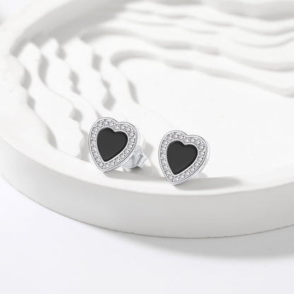 Flash Sterling Silver Heart-shaped Black Onyx Stud Earrings for