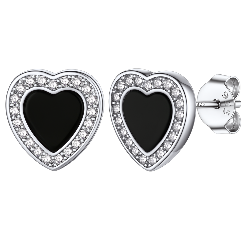 Flash Sterling Silver Heart-shaped Black Onyx Stud Earrings for