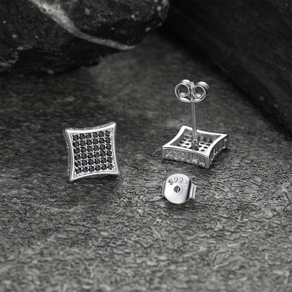 9mm Square Black Diamond Stud Earrings With Viking Runes