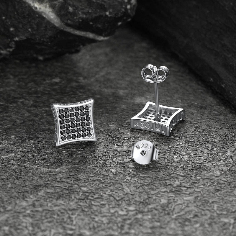 9mm Square Black Diamond Stud Earrings With Viking Runes