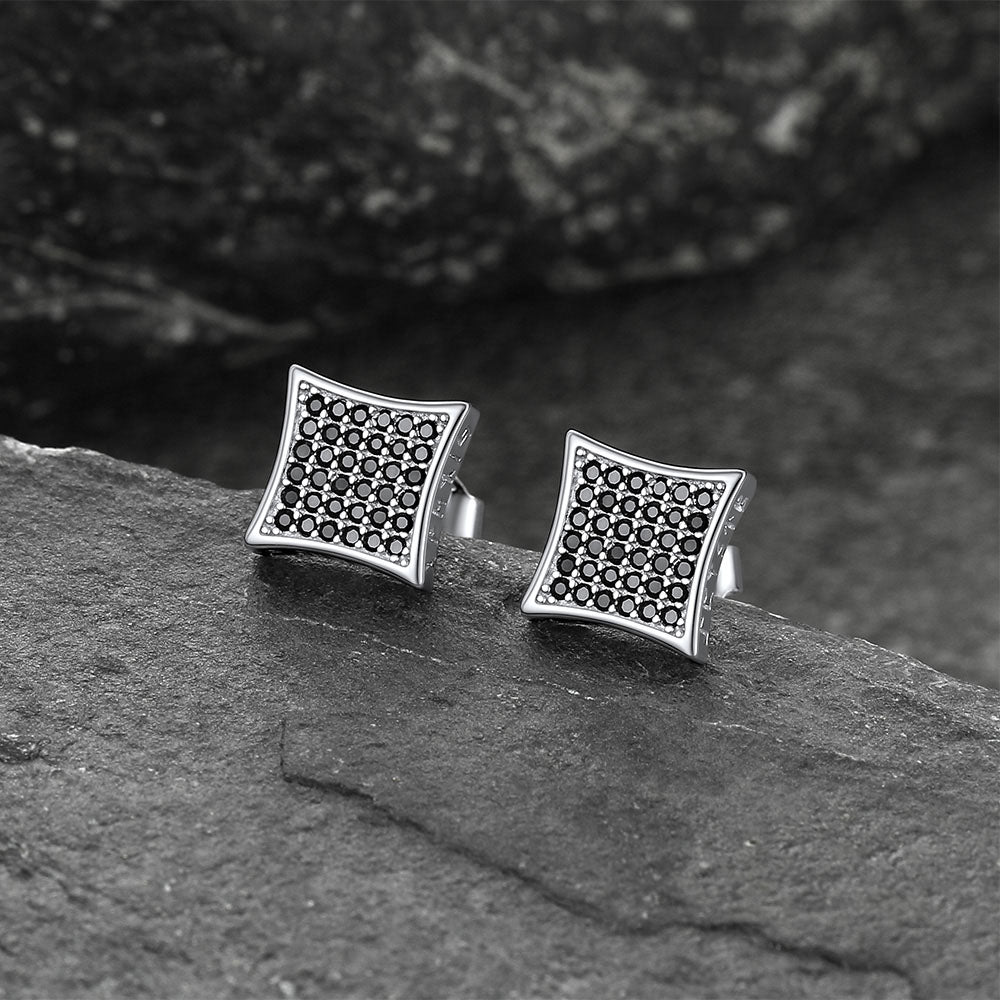 9mm Square Black Diamond Stud Earrings With Viking Runes