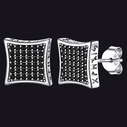 9mm Square Black Diamond Stud Earrings With Viking Runes