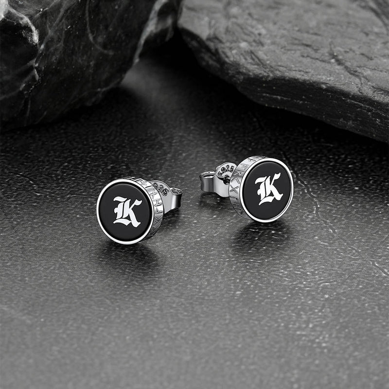 Engraved Black Onyx Stud Earrings With Viking Rune
