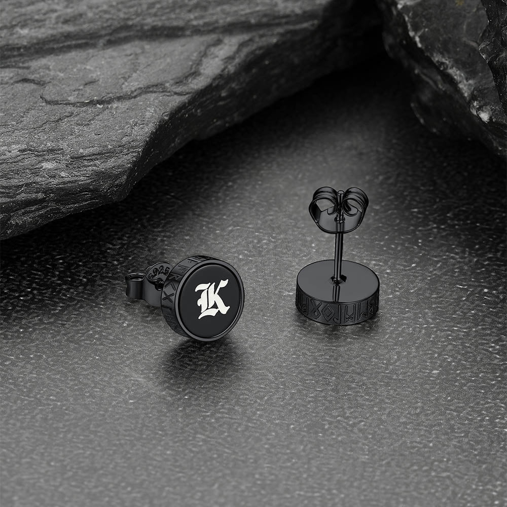 Engraved Black Onyx Stud Earrings With Viking Rune