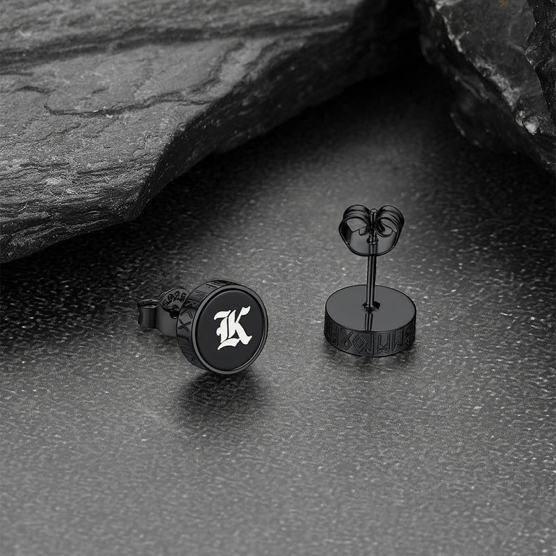 Engraved Black Onyx Stud Earrings With Viking Rune
