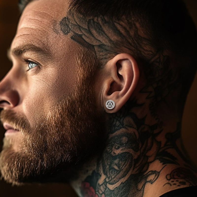 Viking Valknut Black Stud Earrings for With Runes