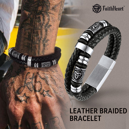 Viking Black Engraved Leather Braided Wristband Bracelet for