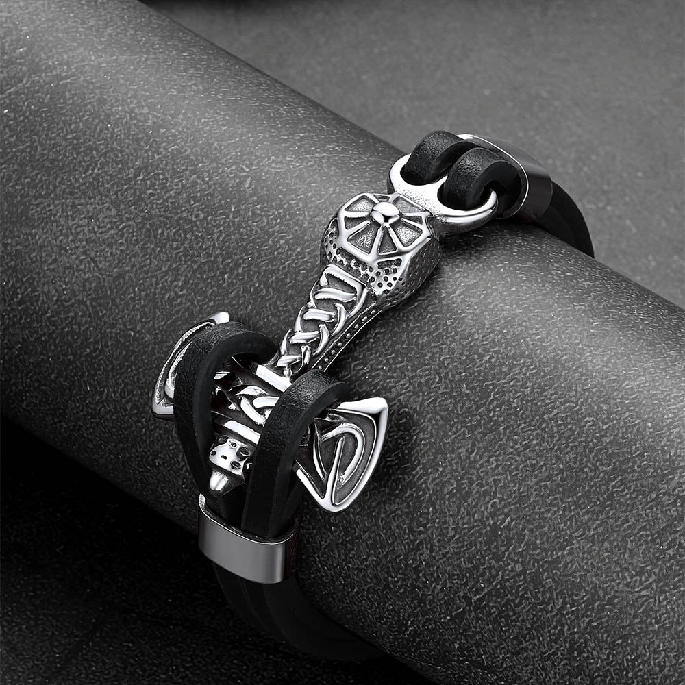 Viking Mjolnir Thor's Hammer Leather Bracelet for