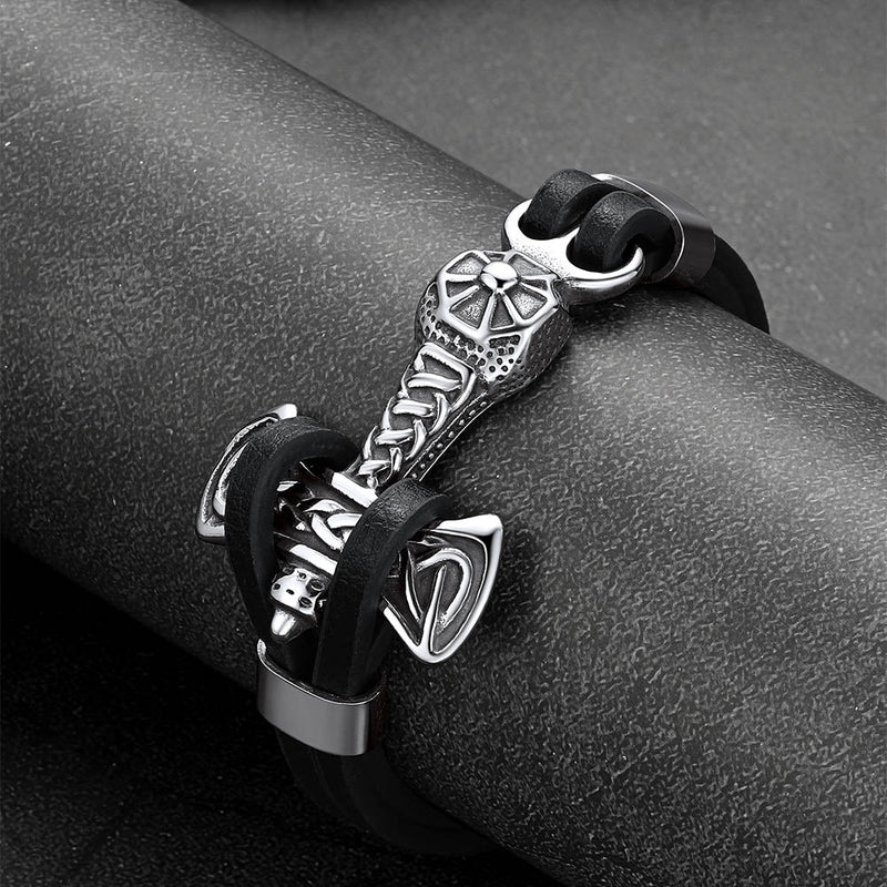Viking Mjolnir Thor's Hammer Leather Bracelet for