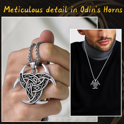 Viking Triple Horn of Odin Necklace Crescent Triquetra Charm Amuelt for