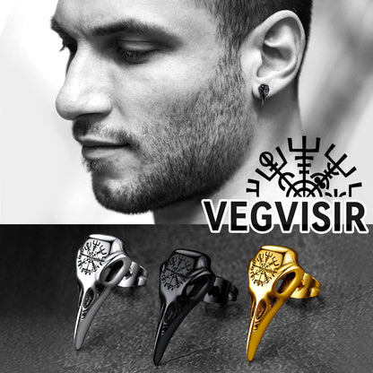 Viking Raven Skull Stud Earrings With Viking Vegvisir for