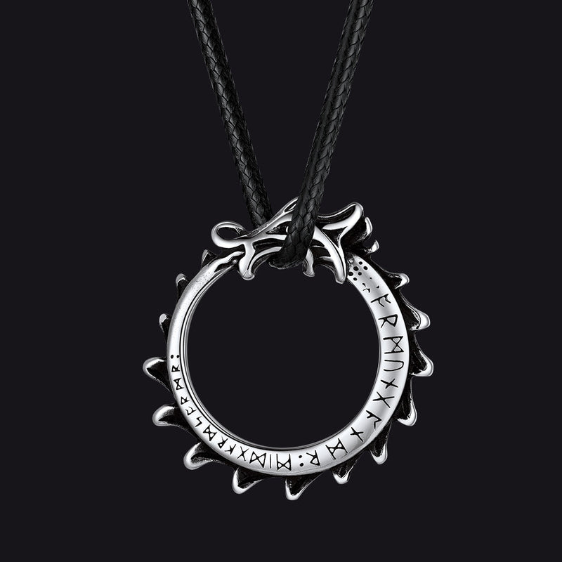 Dragon Circle Necklace With Leather Chain for