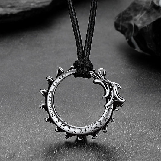 Dragon Circle Necklace With Leather Chain for
