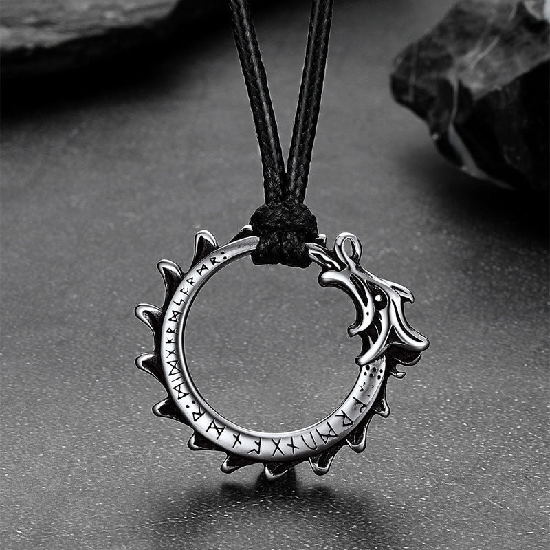Dragon Circle Necklace With Leather Chain for