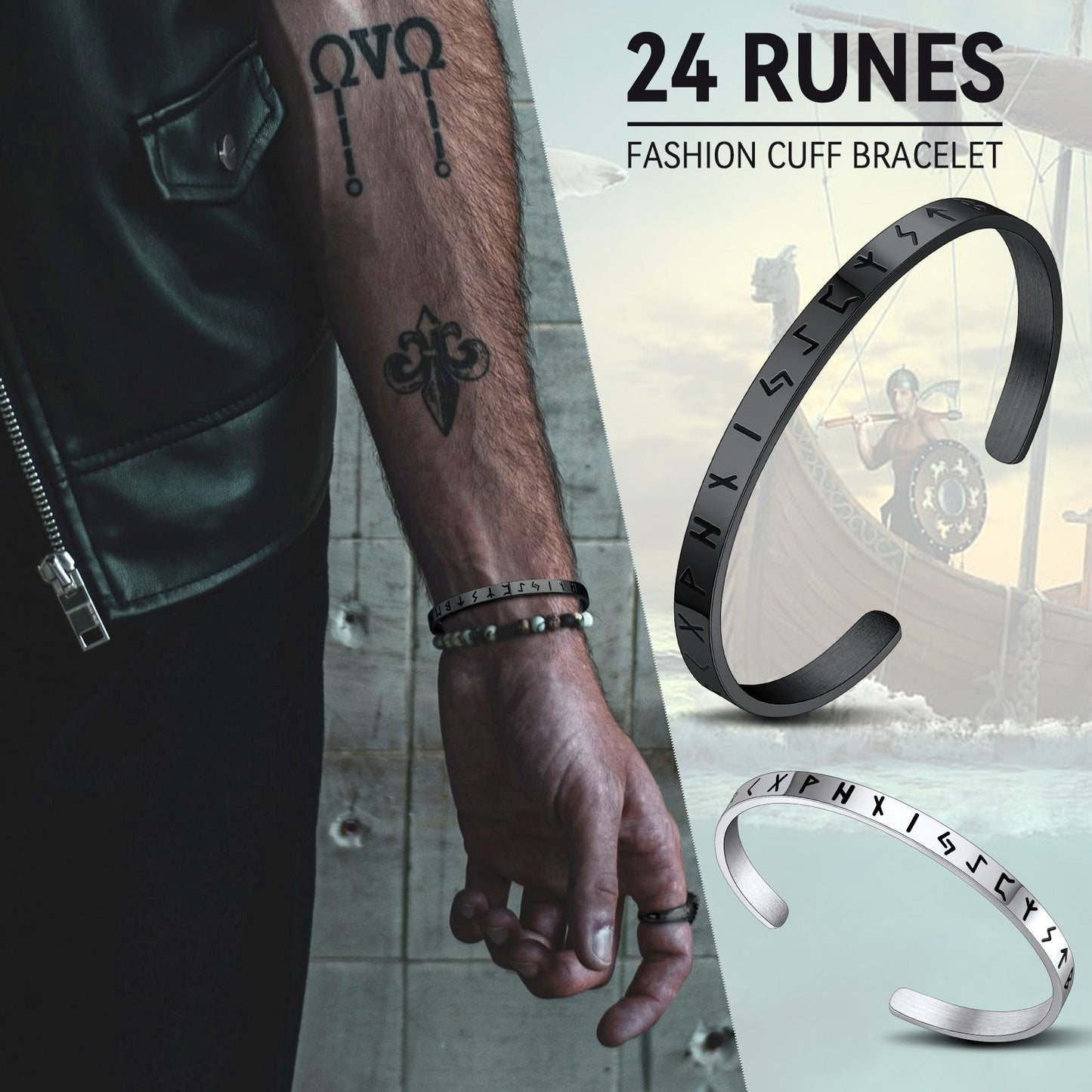 Norse Viking Runes Bangle Cuff Bracelet for