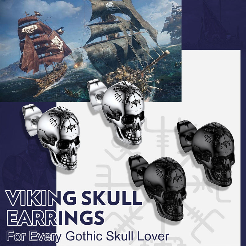 Viking Skeleton Skull Stud Earrings for