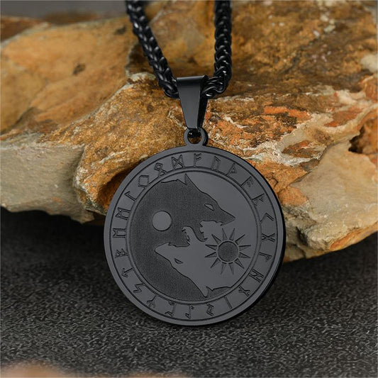 Viking Wolf Coin Necklace for With Runes
