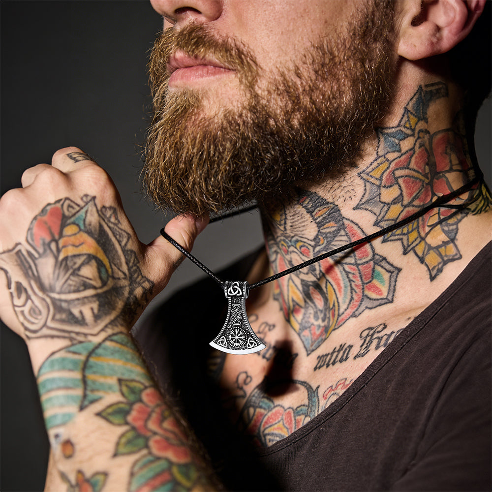 Viking Axe Compass Braided Leather Necklace for Dad