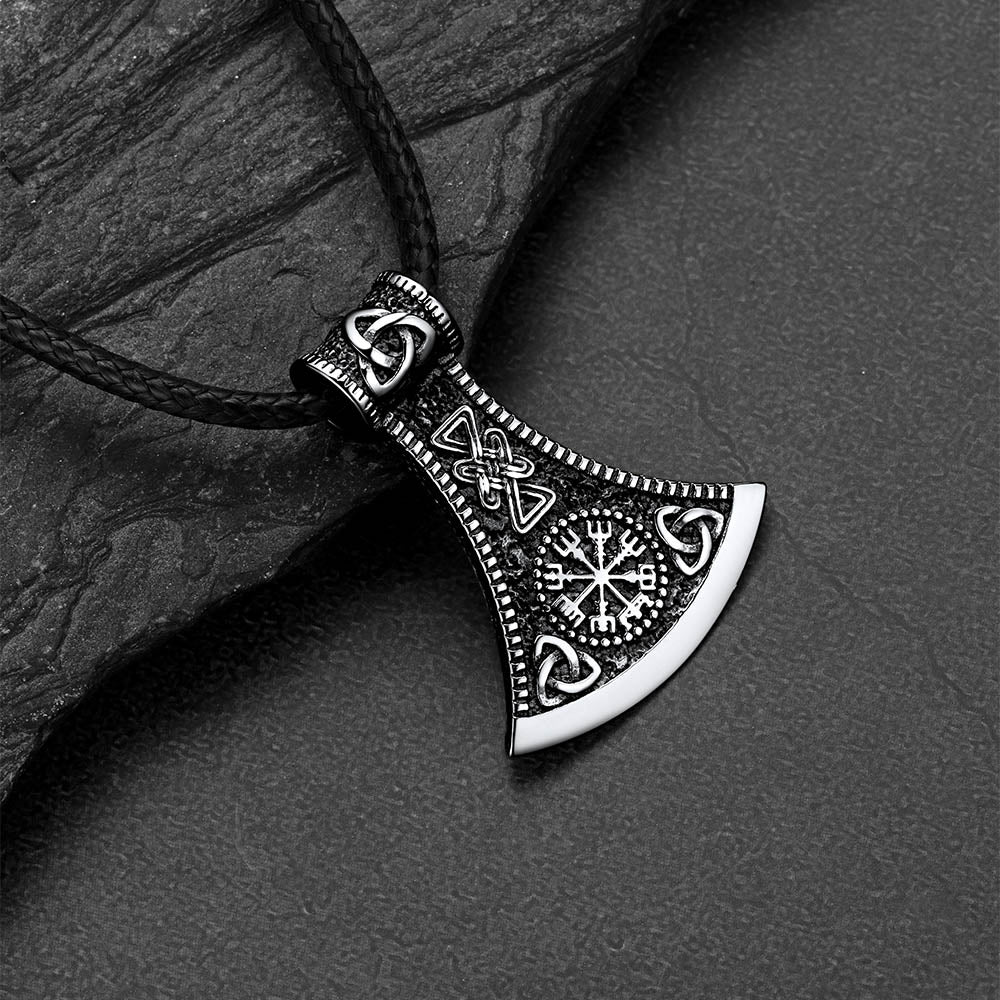 Viking Axe Compass Braided Leather Necklace for Dad